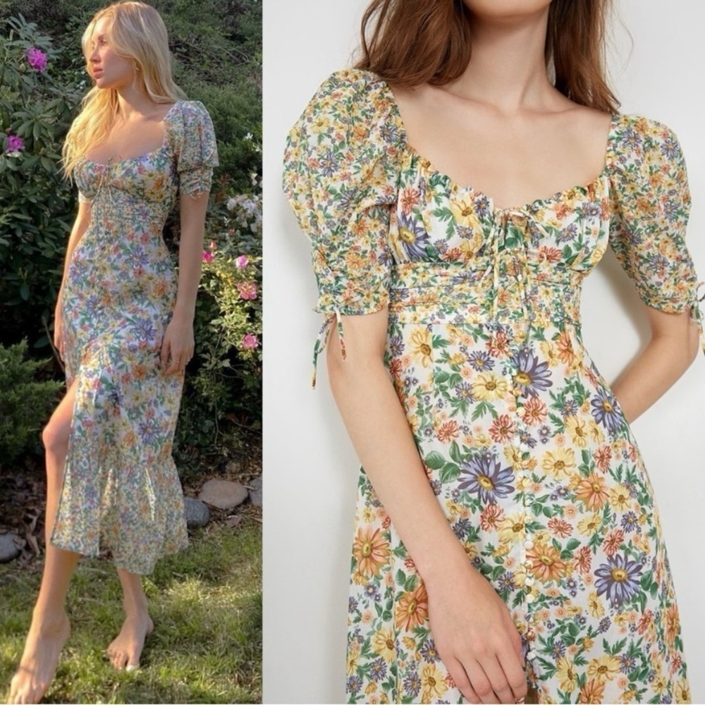 J.ING Multicolor Floral Printed Button Down Puff
Sleeve Cottagecore Midi Dress S